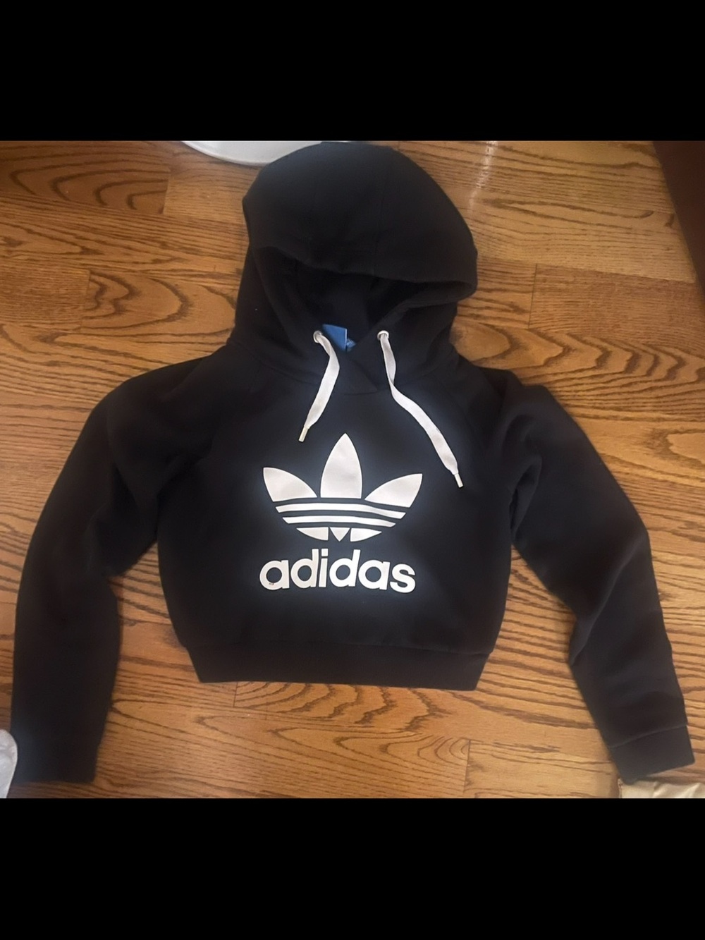 adidas Black copped Hoodie with White Trefoil and Drawstrings